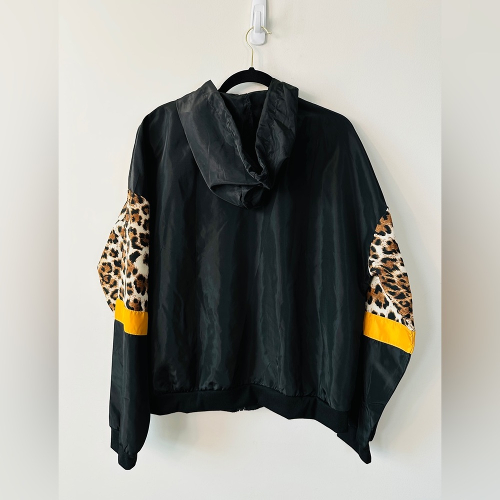 Black & Leopard Print Windbreaker Hooded Track Jacket With Pockets Size L - Picture 8 of 11